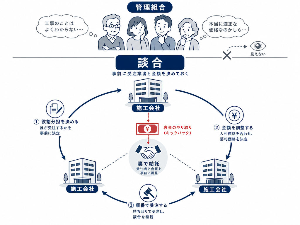 談合の基本構造を示す図解。施工会社が裏で受注業者と価格を取り決め、管理組合からは見えない