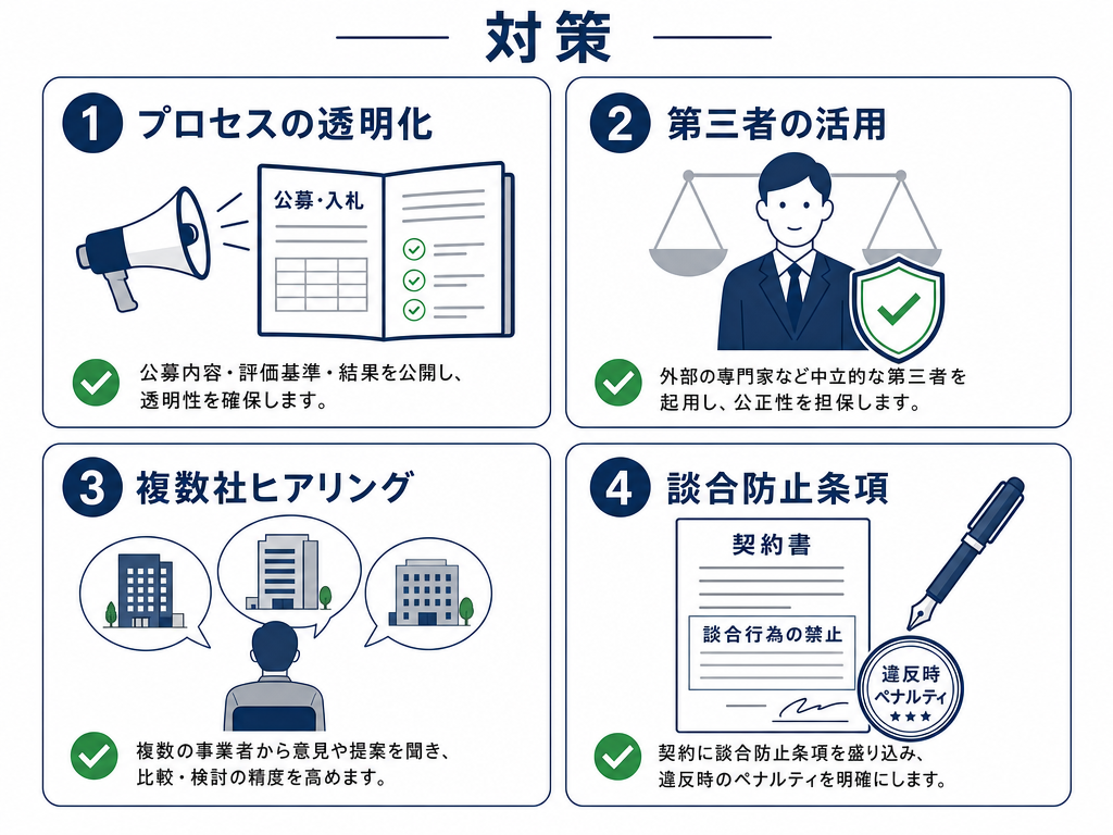 管理組合ができる4つの談合対策を示す図解。プロセスの透明化・第三者の活用・複数社ヒアリング・談合防止条項