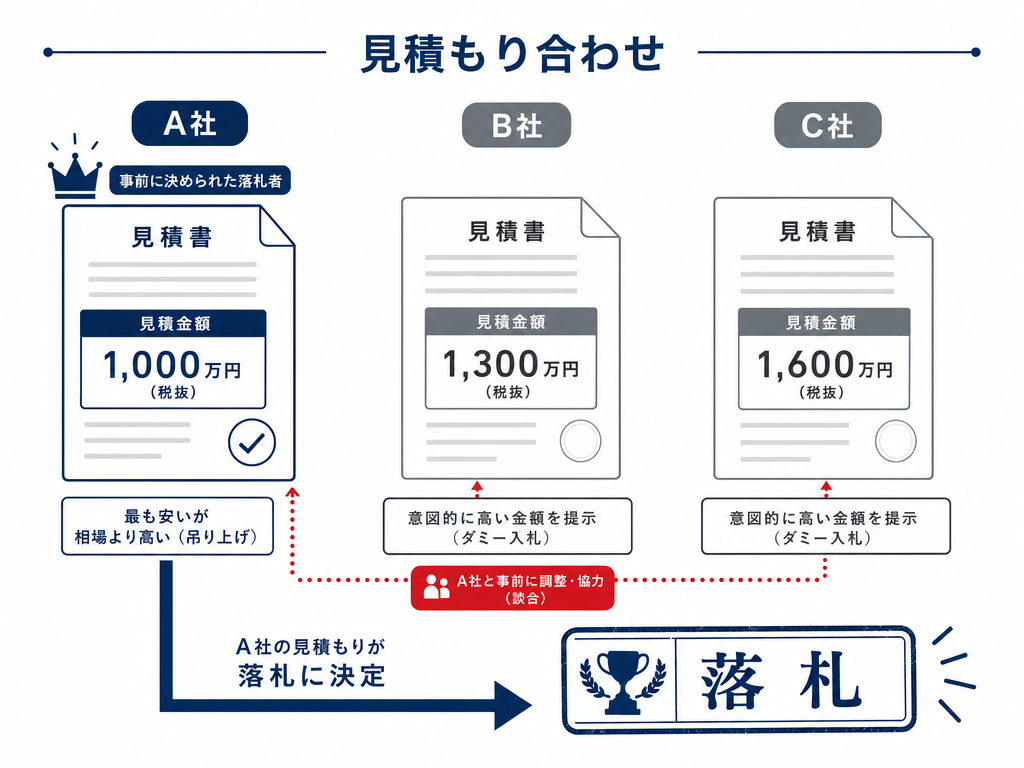 出来レース型の見積もり合わせを示す図解。受注業者が内定し、他社は当て馬として高い見積もりを提出する