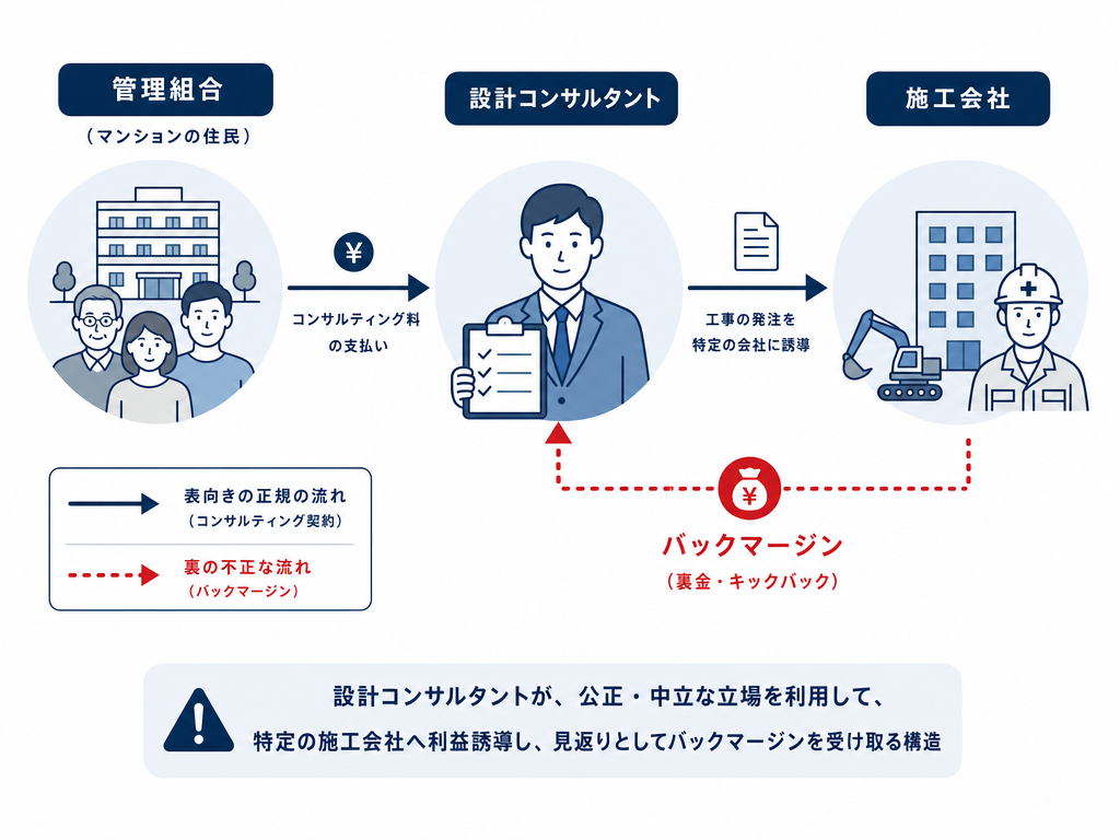 設計監理方式での癒着・バックマージン構造を示す図解。中立のはずの設計コンサルタントが施工会社から裏で利益を受け取る