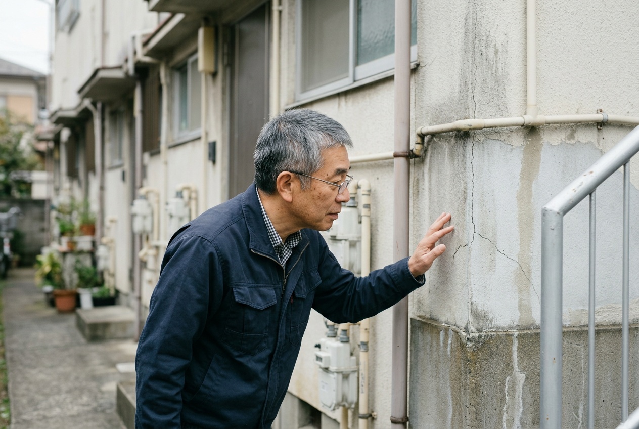 築年数の経ったアパートの外壁のひび割れを確認するオーナー