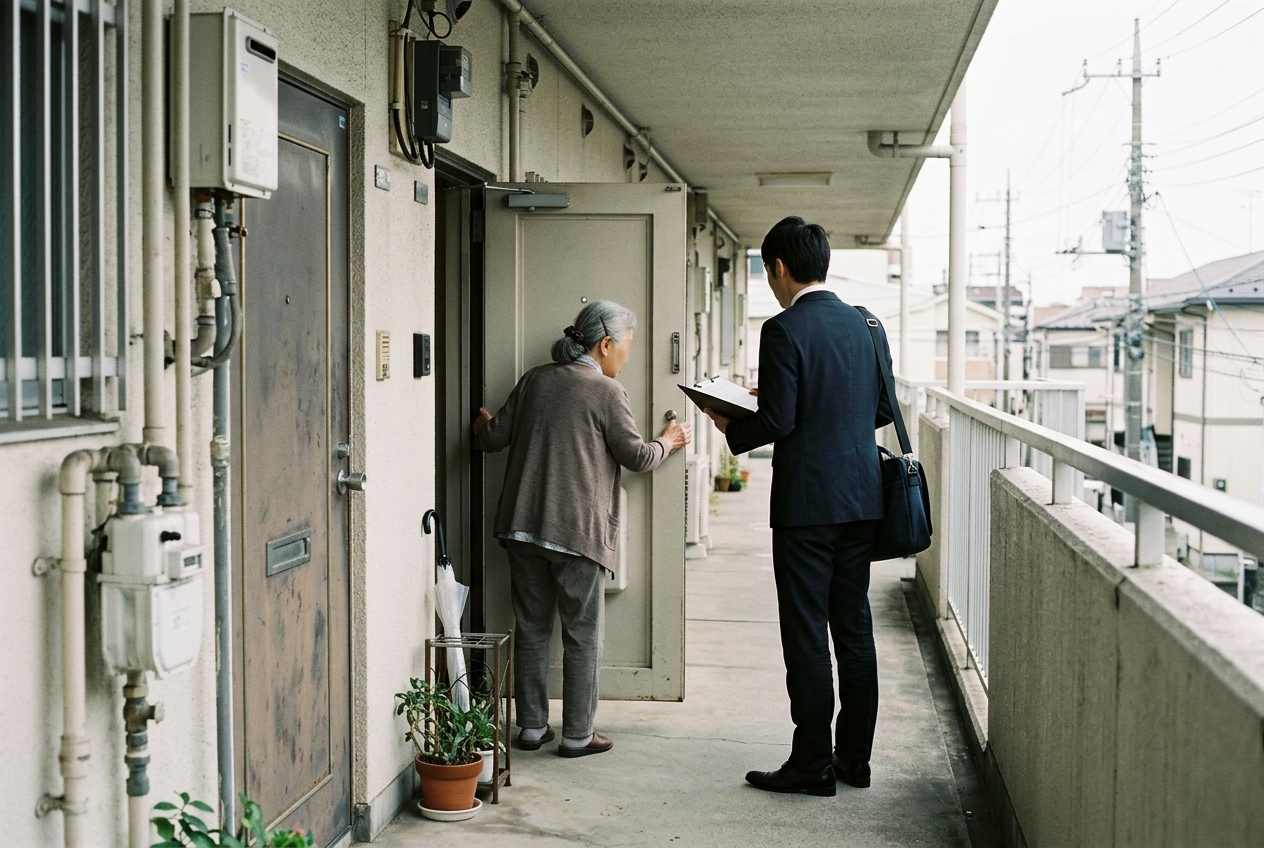 玄関先で訪問業者の説明を聞く居住者