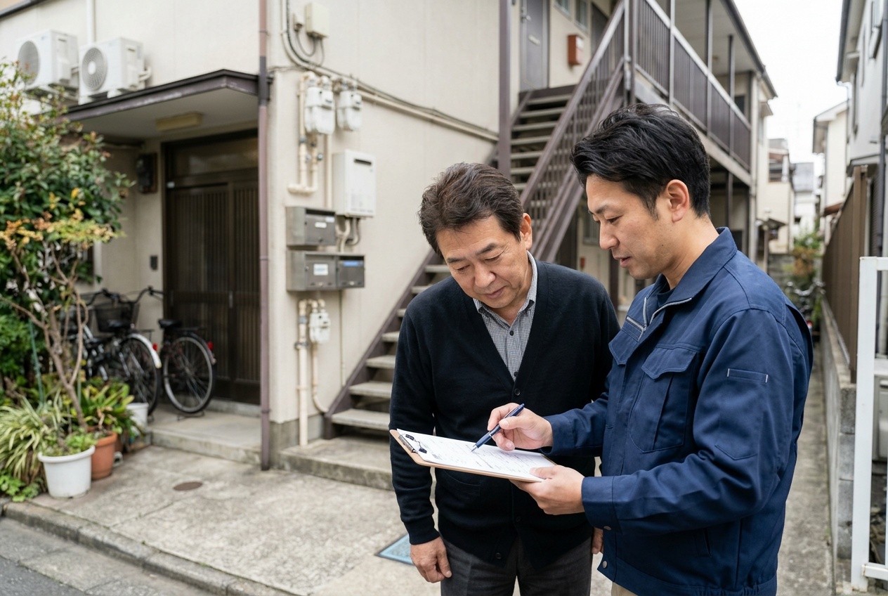 診断員とオーナーが診断報告書を一緒に確認している様子