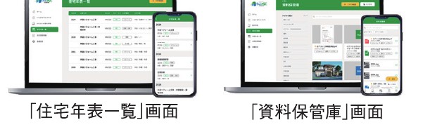 住宅履歴情報管理システム「いえかるて」の住宅年表一覧と資料保管庫の画面