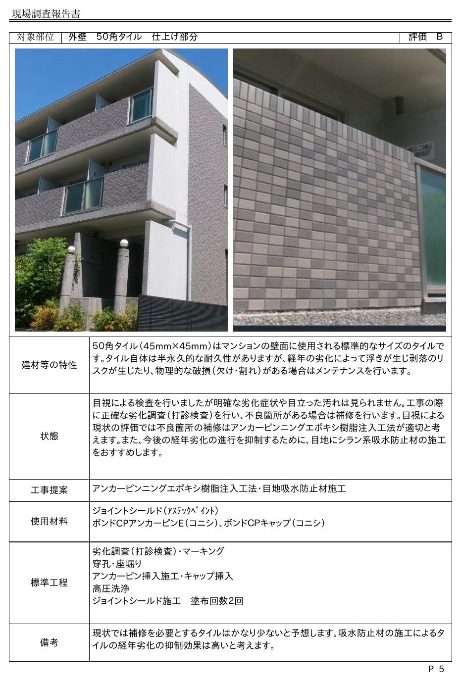 現場調査報告書サンプル(APハイツ)の部位別ページ